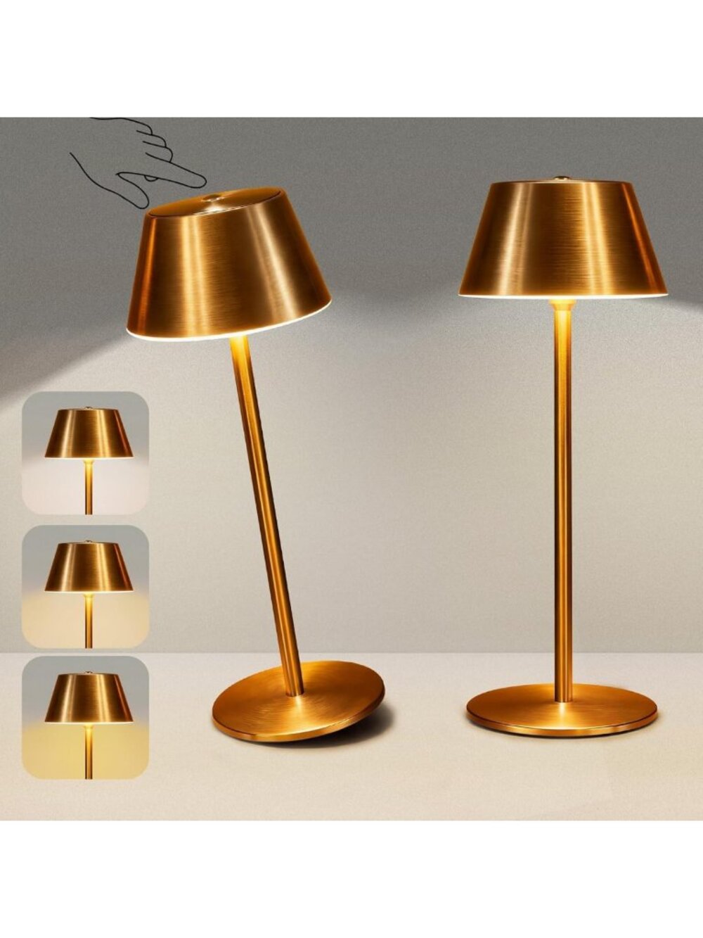 2 Pack Gold Cordless Table Lamps - Rechargeable Touch Control Accent Lights for